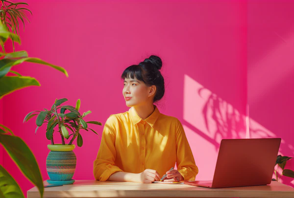 Contemplative Young Woman at a Vibrant Workspace