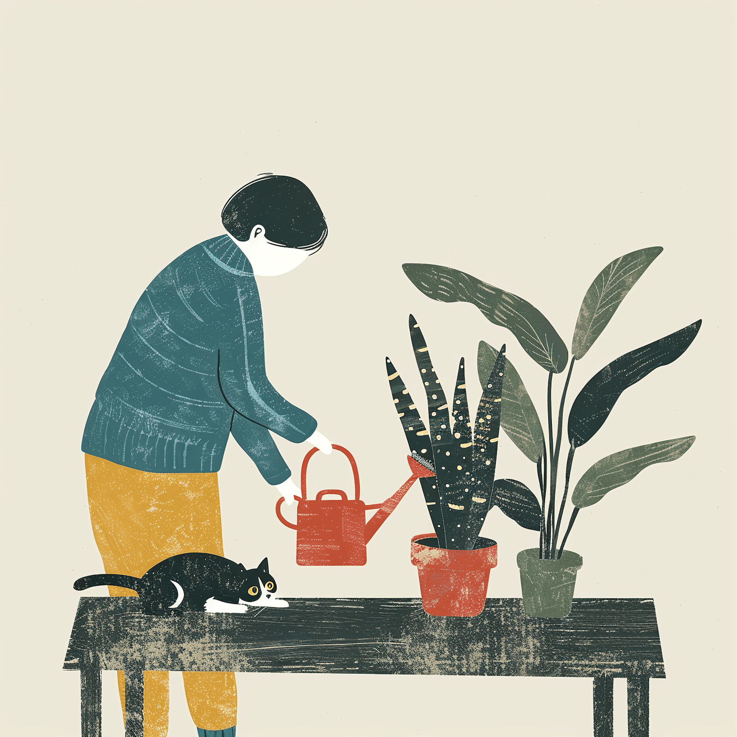 Person Watering Plants with Cat