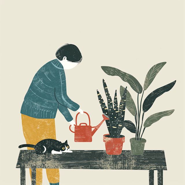 Person Watering Plants with Cat