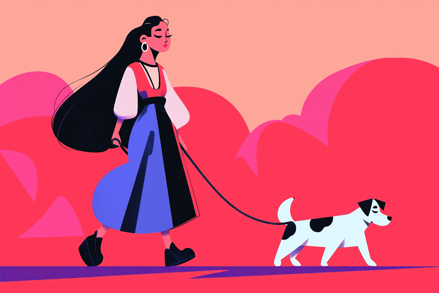 Stylized Illustration of Young Woman Walking Dog