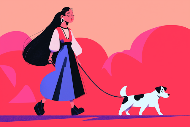 Stylized Illustration of Young Woman Walking Dog