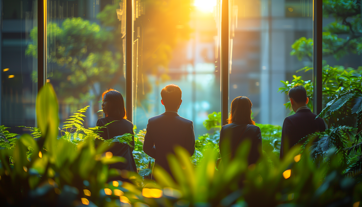 Business Silhouettes Against Sunlit Window