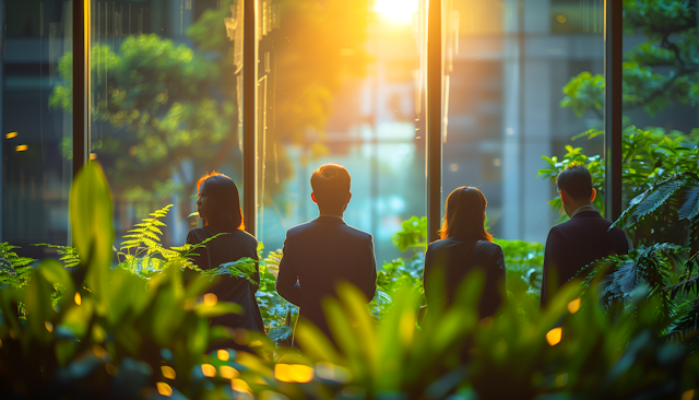 Business Silhouettes Against Sunlit Window