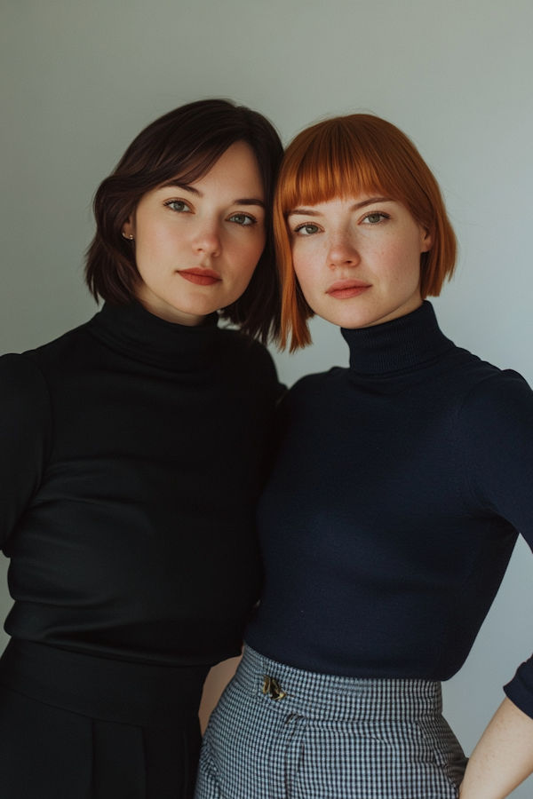 Two Women with Contrasting Hairstyles and Turtlenecks