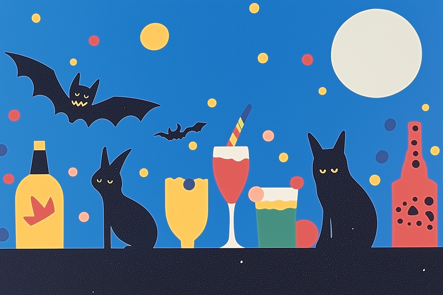 Whimsical Cats and Bats Scene