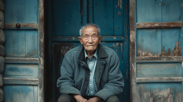 Elderly Man Against Blue Door