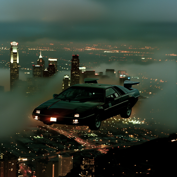Flying DeLorean Above City