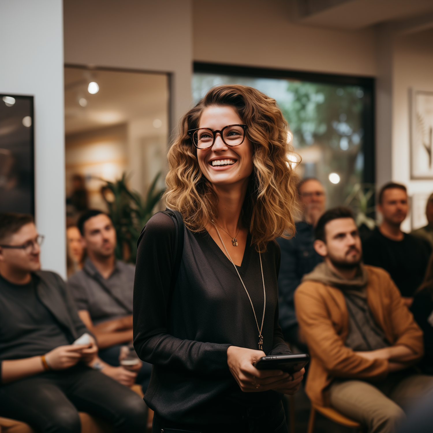 Joyous Blonde Woman with Smartphone at Social Gathering