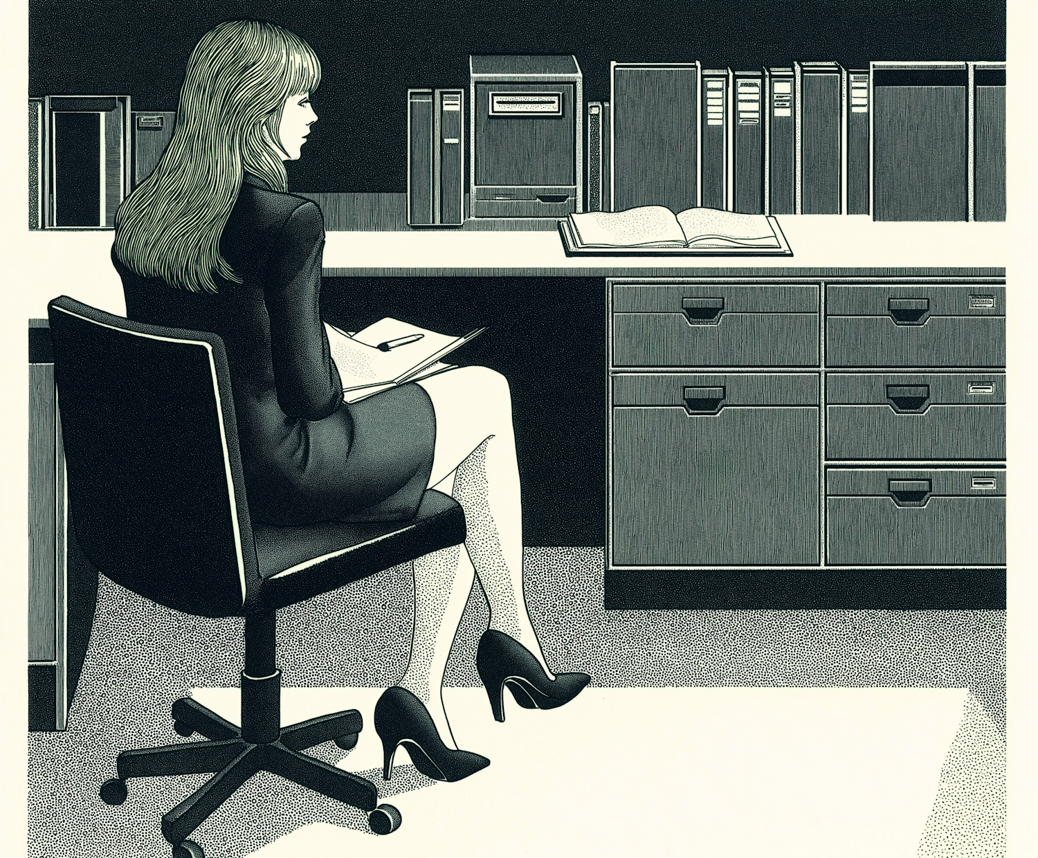 Monochromatic Illustration of Woman in Office