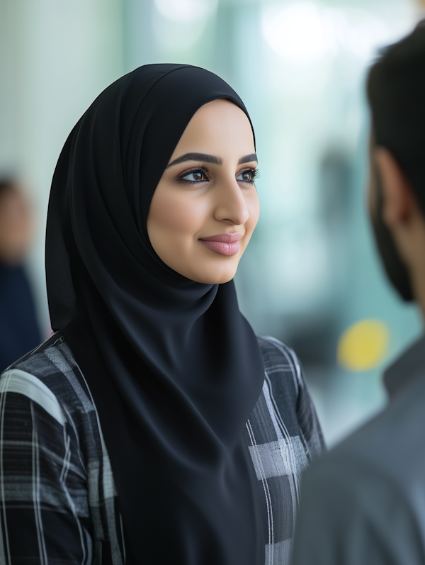 Woman in Hijab Engaged in Conversation