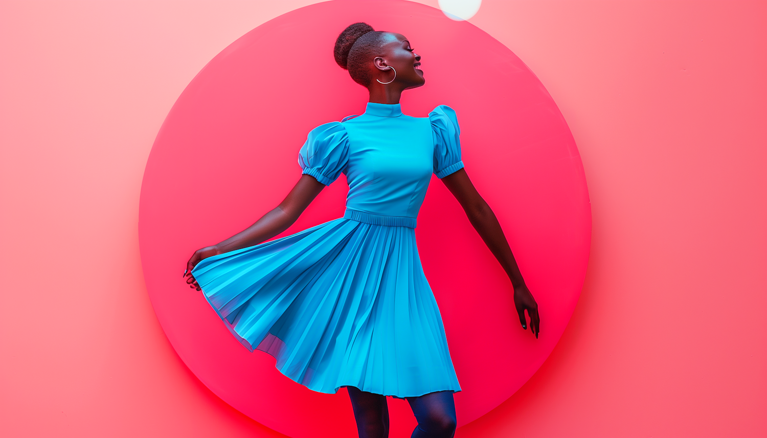 Joyful Woman in Blue Dress Against Pink Backdrop