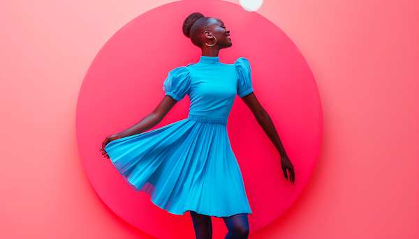 Joyful Woman in Blue Dress Against Pink Backdrop