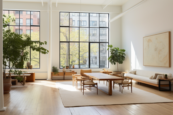 Urban Oasis: Minimalist Living Room with Verdant Views