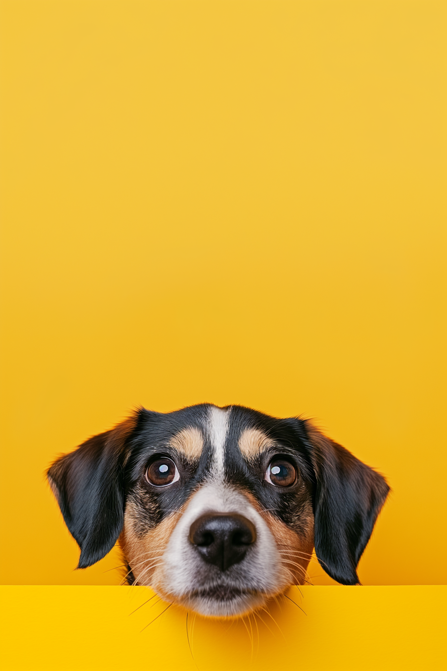 Charming Tricolor Dog on Yellow Background