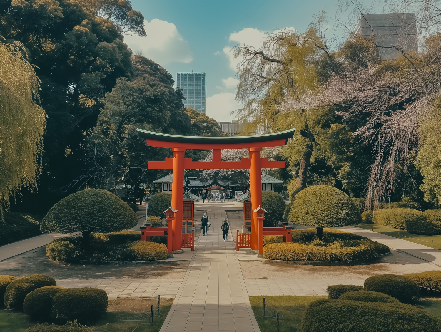 Traditional Red Torii Gate in Japanese Garden