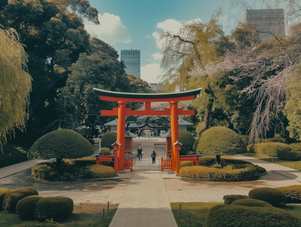 Traditional Red Torii Gate in Japanese Garden