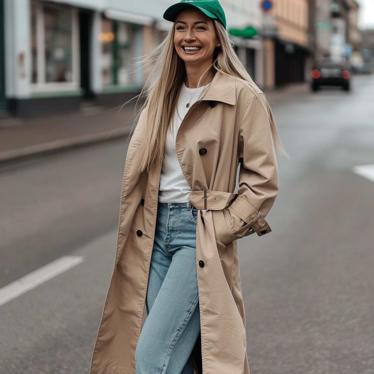 Cheerful Woman Walking in City