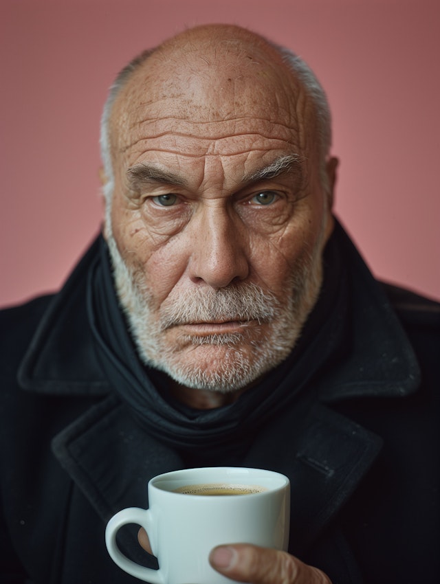 Elderly Man with White Mug