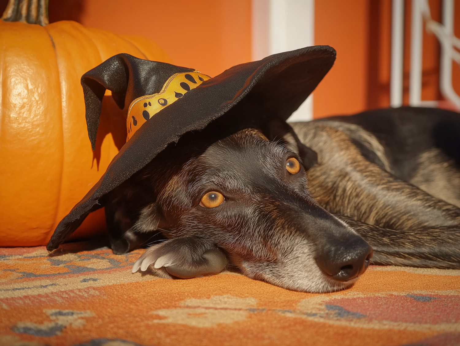 Dog in Witch Hat with Pumpkin