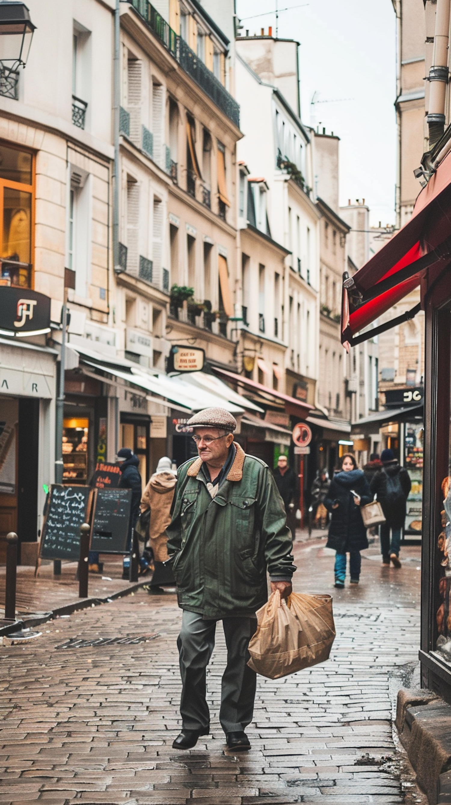 Elderly Man Walking in Rain on Cobblestone Street