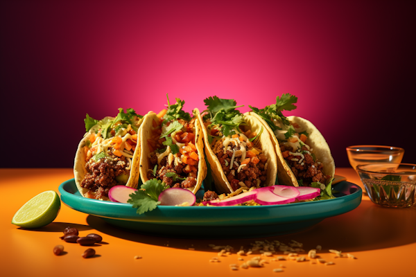 Colorful Beef Taco Trio with Lime and Garnishes on Gradient Background