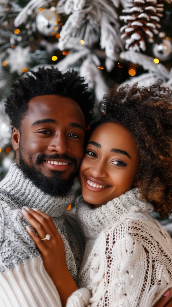 Smiling Couple in Front of Christmas Tree