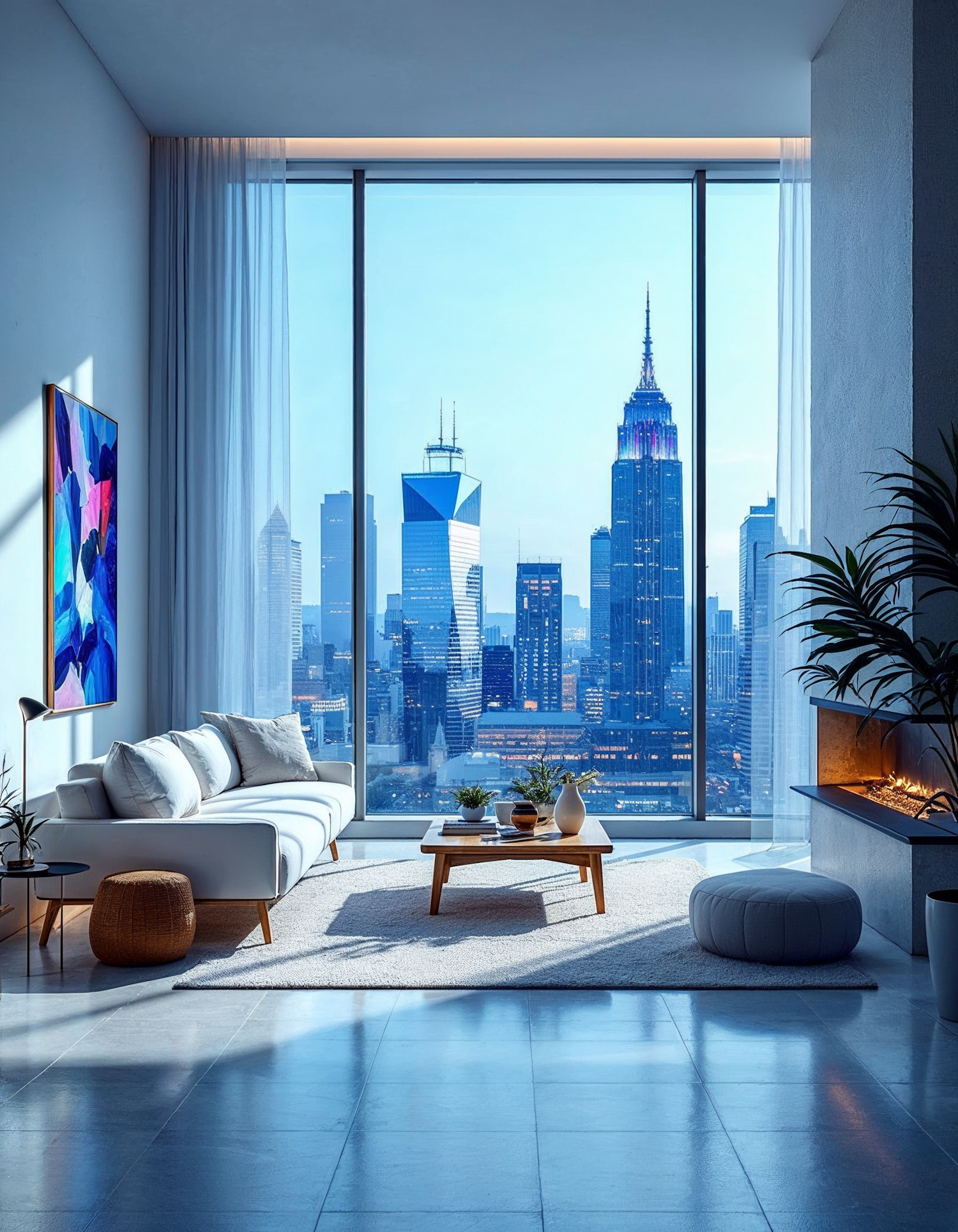 Modern Living Room with City View