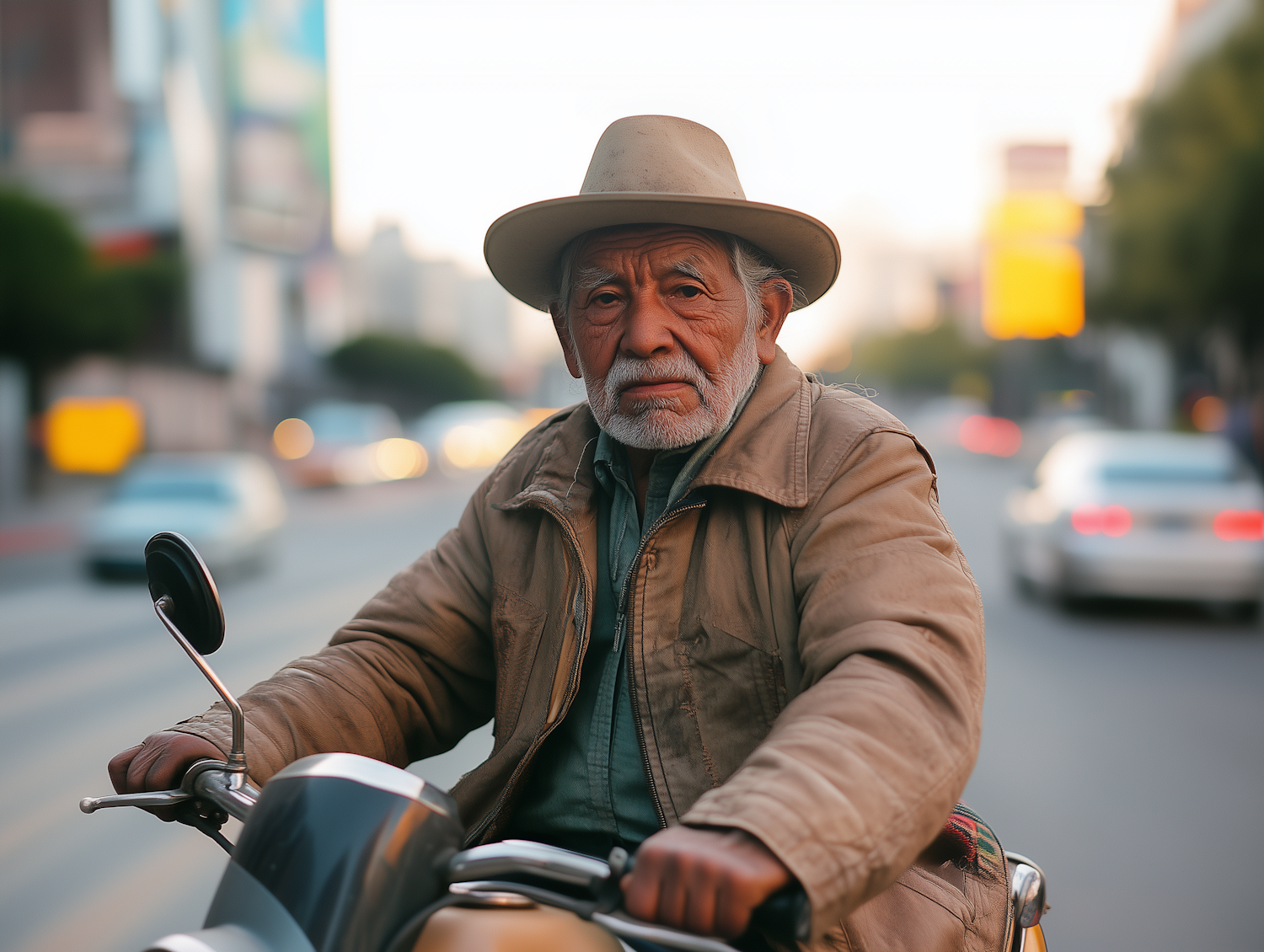 Elderly Man Riding Motorcycle in City