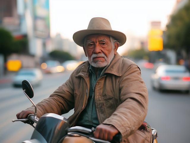 Elderly Man Riding Motorcycle in City