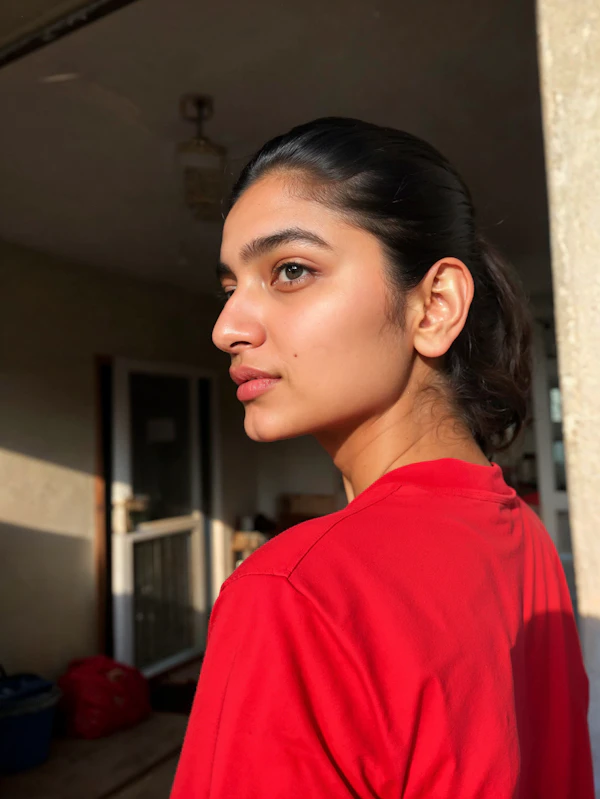 Contemplative Young Woman in Red