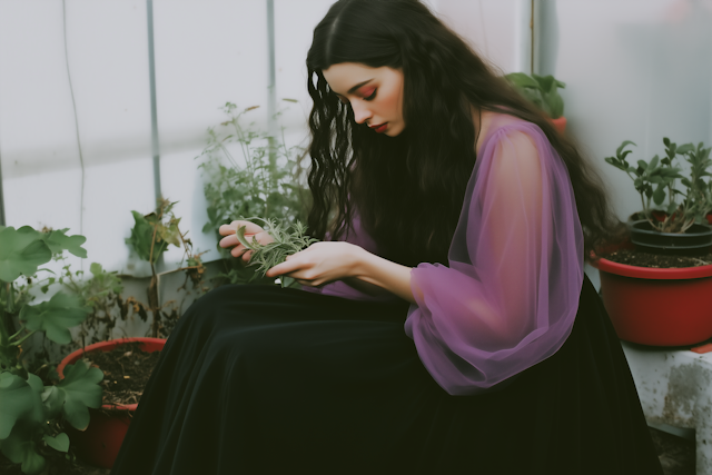 Contemplative Woman with Plants