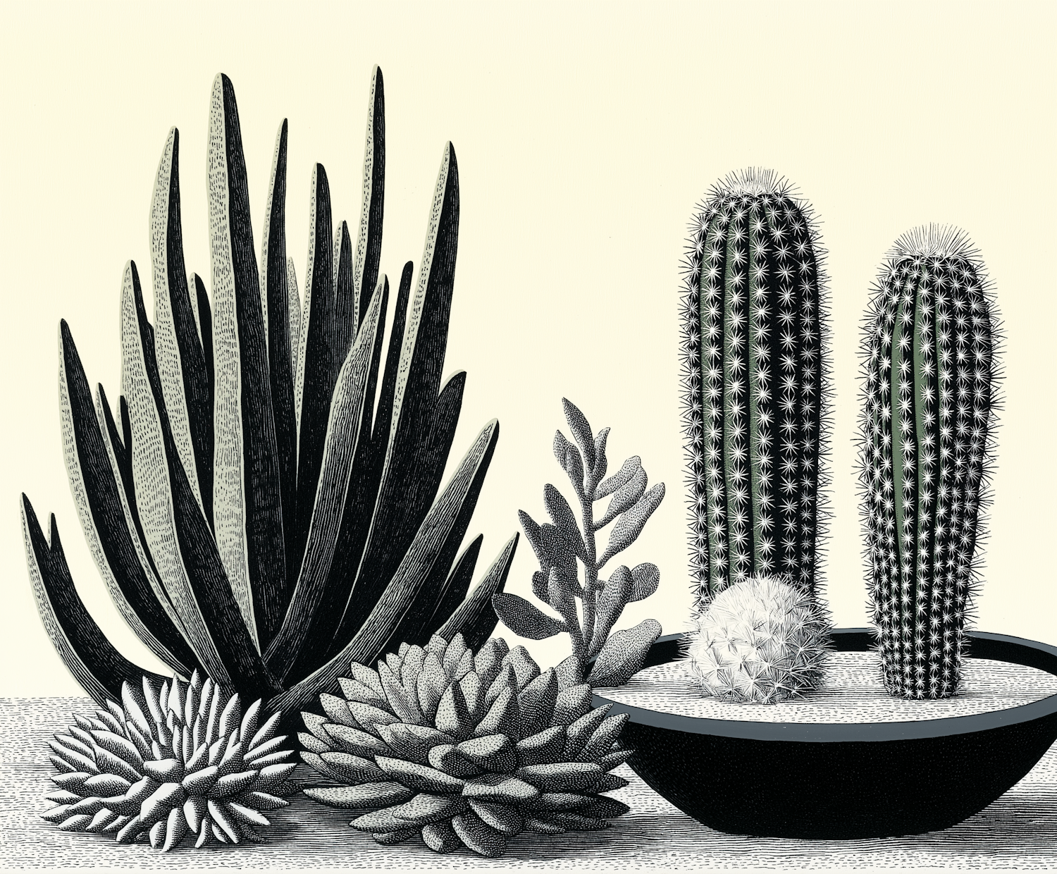 Black and White Succulents and Cacti Illustration