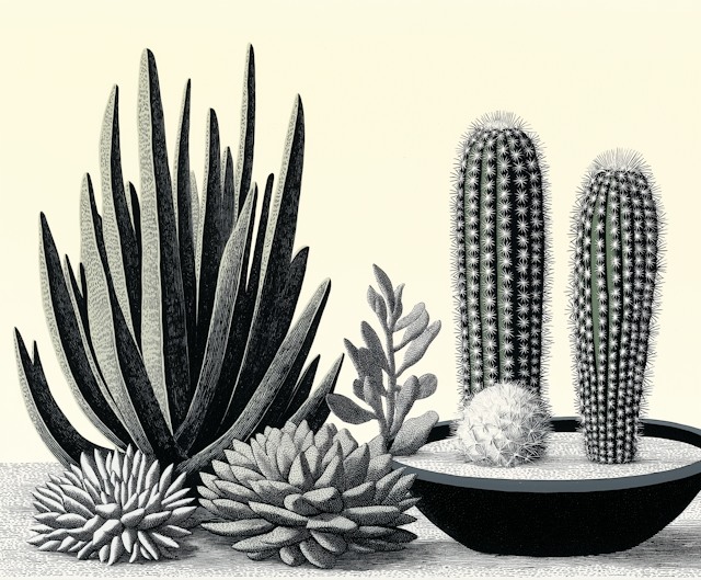 Black and White Succulents and Cacti Illustration