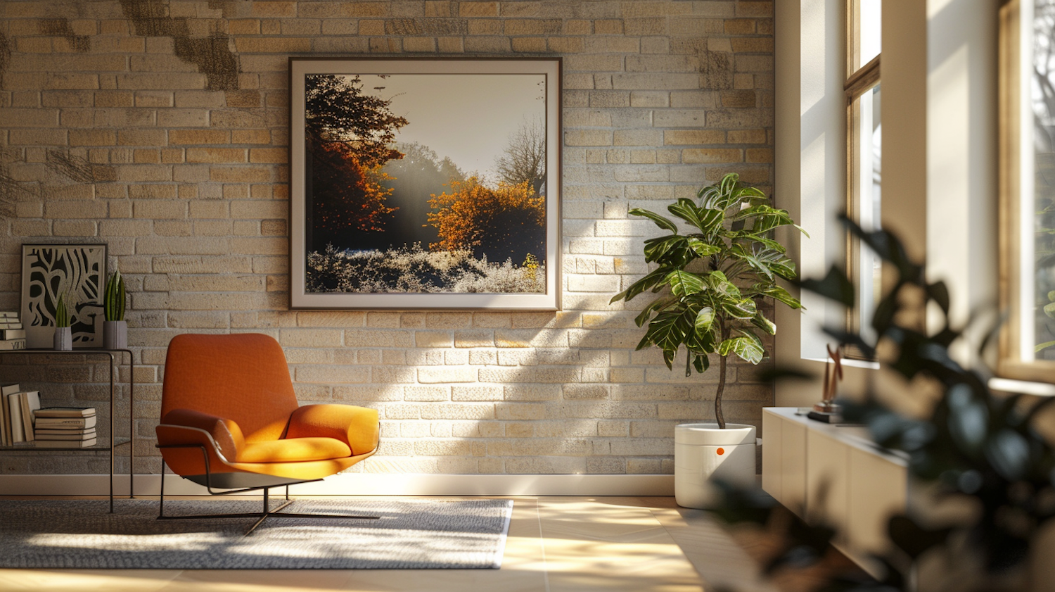 Modern Interior with Orange Armchair and Artwork