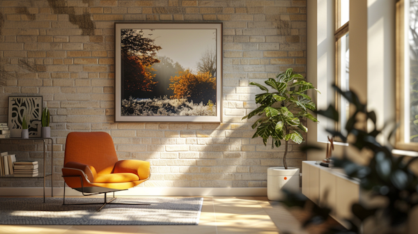 Modern Interior with Orange Armchair and Artwork