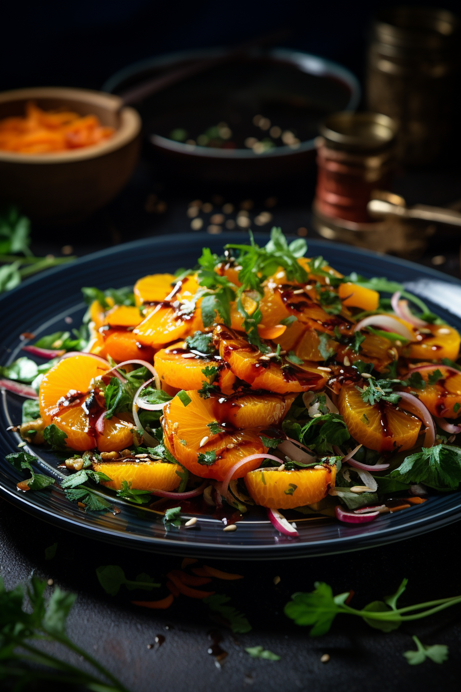 Citrus and Red Onion Salad with Herb Garnish and Balsamic Drizzle