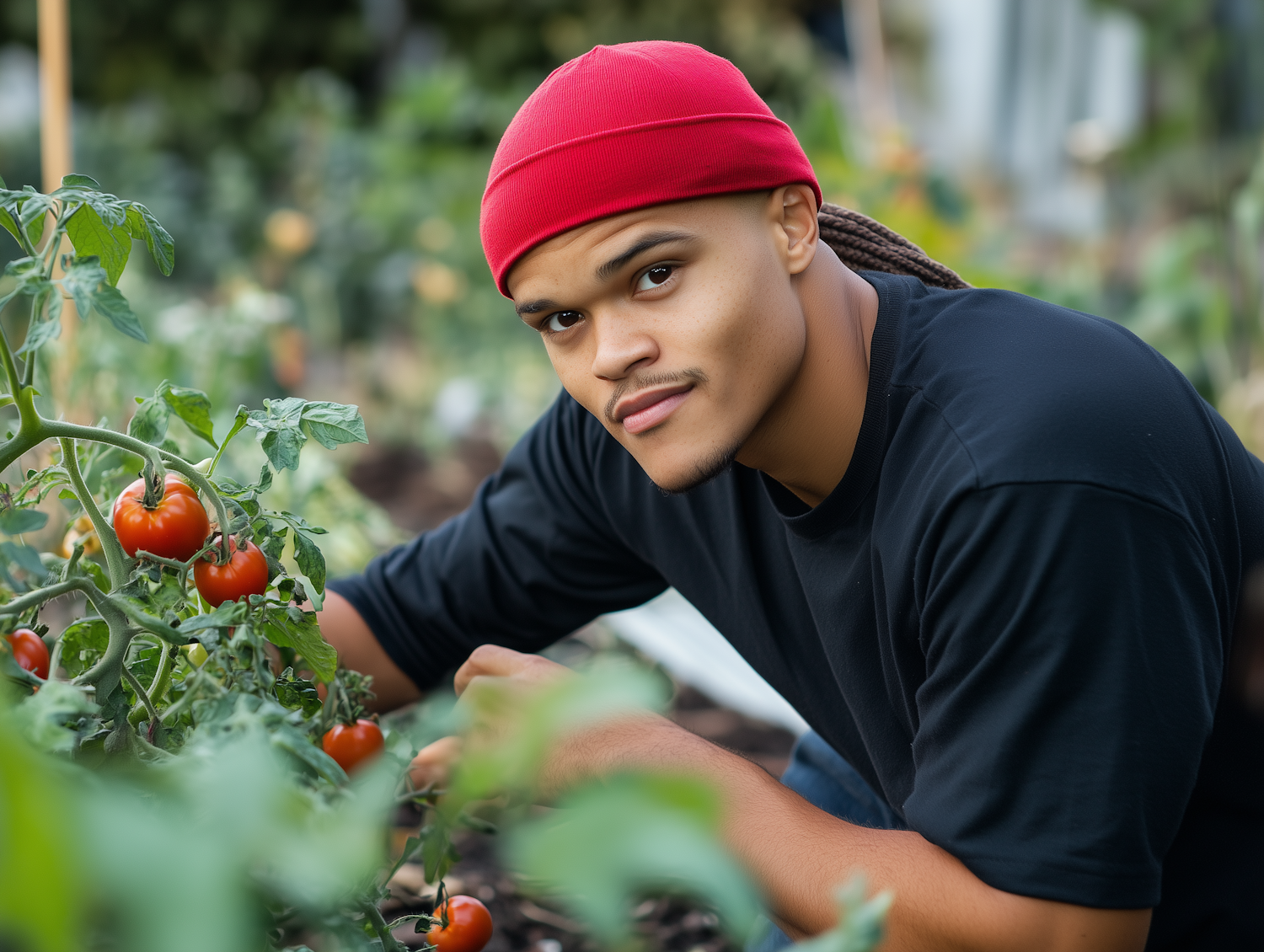 Young Man Tending Tomato Plant