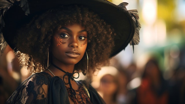 Festival Portrait of Young Woman with Decorated Hat and Face Paint