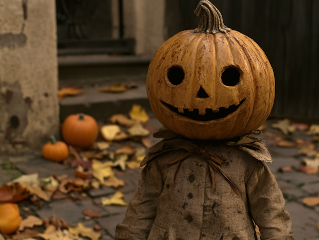 Pumpkin Head Figure in Rustic Halloween Setting