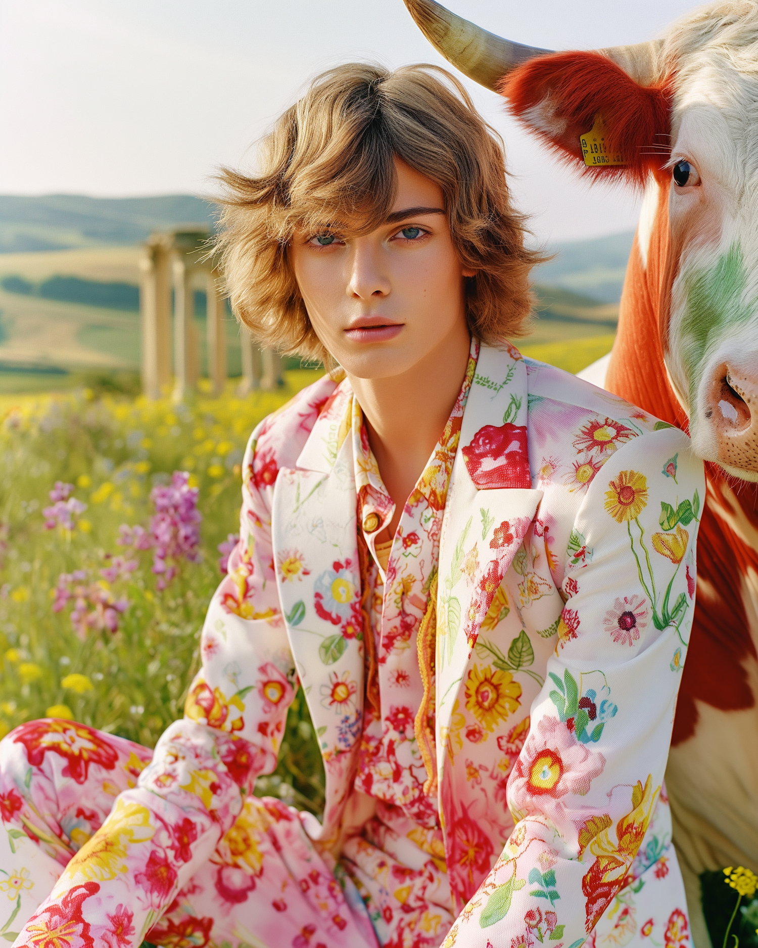 Man in Floral Suit with White Ox