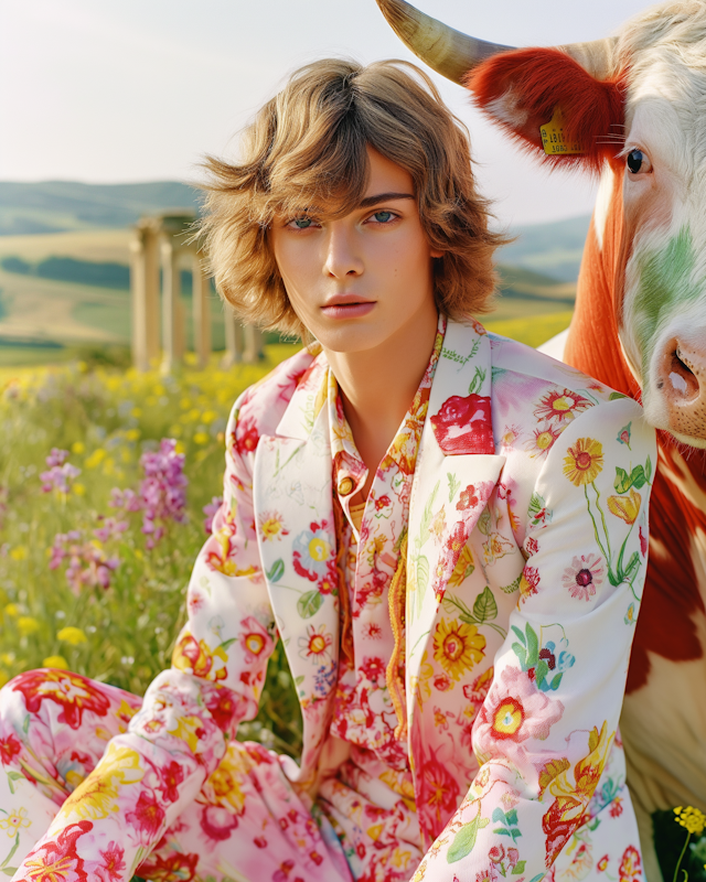 Man in Floral Suit with White Ox