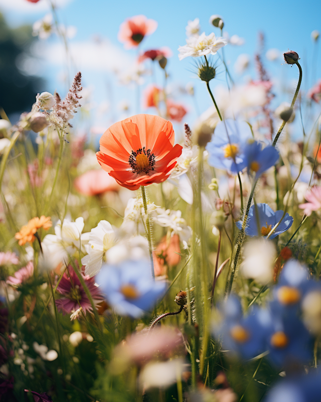 Bright Day in the Wildflower Meadow with a Red Poppy