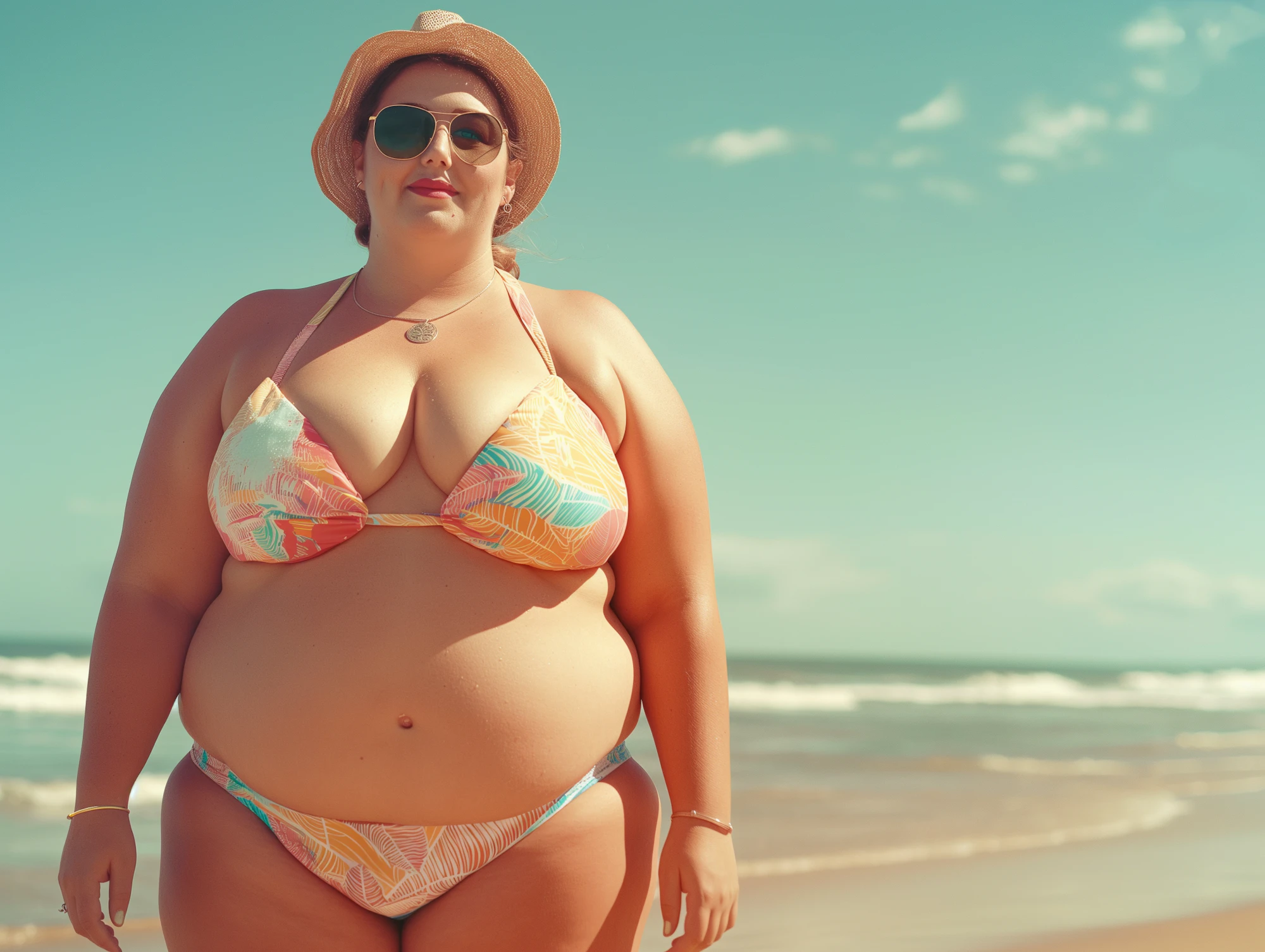 Confident woman in a colorful bikini on a sunny beach, wearing a straw hat and sunglasses, with ocean waves in the background.