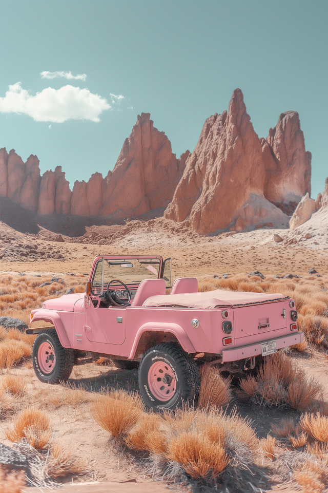 Pink Jeep in Desert Landscape