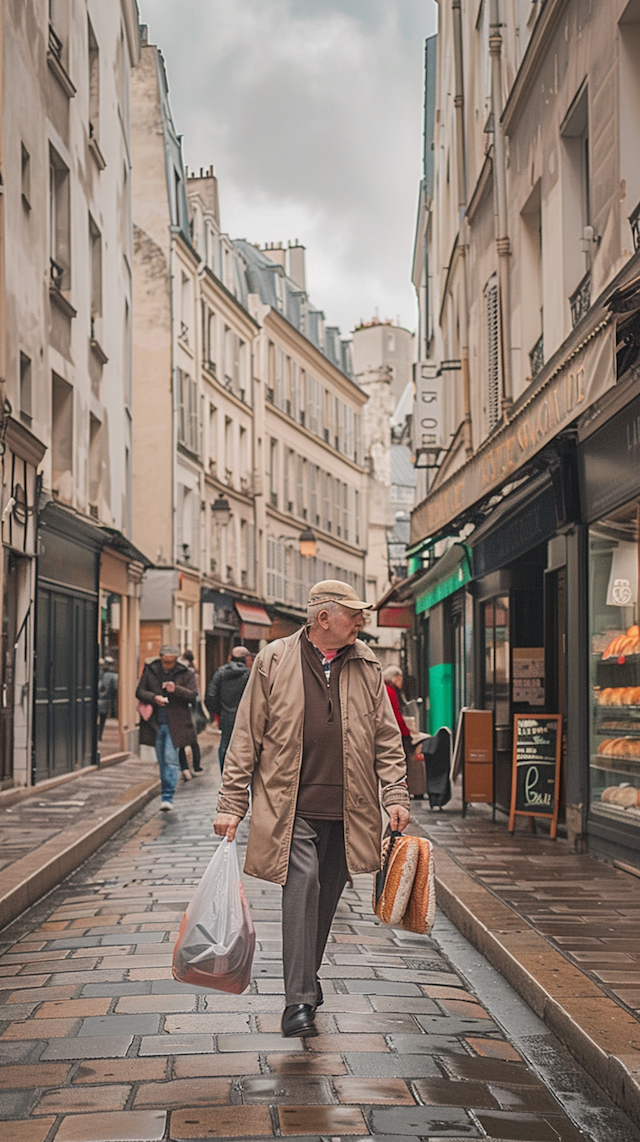 Elderly Man on European Cobblestone Street