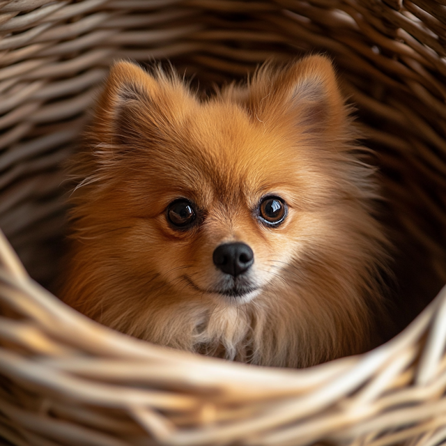 Pomeranian in Wicker Basket