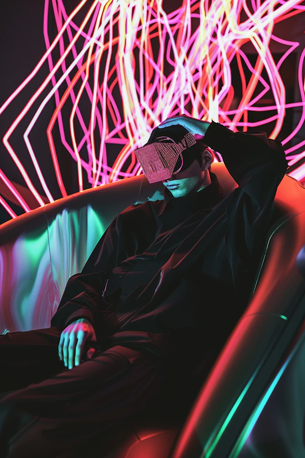 Mysterious Subject in Neon-Lit Futuristic Setting