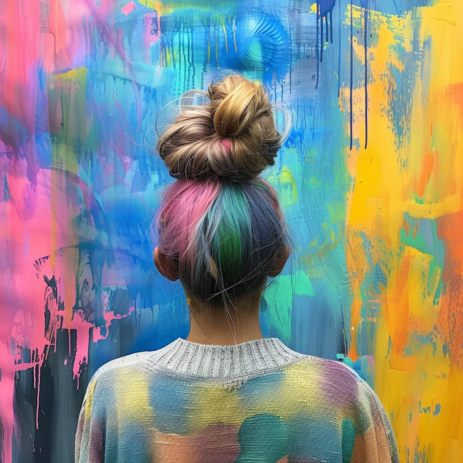 Artistic Harmony - Woman with Colorful Hair and Abstract Background