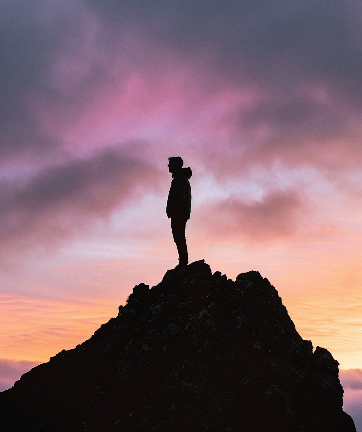 Silhouetted Figure on Mountain Peak at Dusk