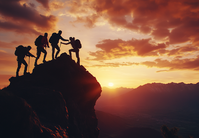 Mountain Peak Hiker Silhouettes at Sunrise/Sunset